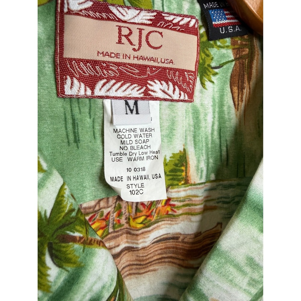 RJC Hawaiian Shirt Mens Medium Green Scenic Hula Canoe Made in Hawaii USA - Picture 8 of 9